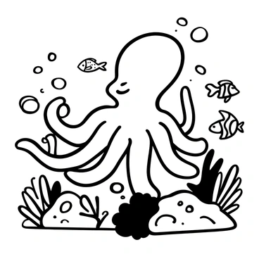 An octopus resting on a coral bed, with its tentacles elegantly sprawled out. The coral consists of various shapes and textures, creating a detailed underwater landscape. Around the octopus, several small tropical fish are swimming curiously, displaying unique patterns and forms. Bubbles rise gently from the coral, adding to the underwater ambiance.