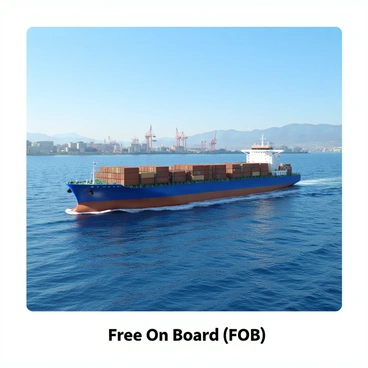 A vast ocean view with gentle waves reflecting the sunlight. In the foreground, a large cargo ship is departing from a bustling port, its hull painted a deep blue. The ship is loaded with containers stacked high, displaying various colors. In the background, there are cranes operating at the port, silhouetted against a clear blue sky. The water is clear, with small ripples around the ship as it moves away from the dock. On the horizon, distant mountains can be seen, adding depth to the scene. An inscription at the bottom reads "Free On Board (FOB)" in bold letters.