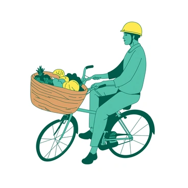 A person riding a bike with a shopping basket while stopping to push it.