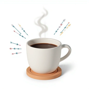 A steaming cup of coffee, made of ceramic with a glossy finish, is placed on a circular wooden coaster. The coffee is dark brown with wisps of steam rising from the surface, creating a dynamic visual effect. Surrounding the cup, there are illustrated arrows representing force vectors, showcasing various directions and magnitudes. The background is softly blurred, emphasizing the cup and the vector illustrations in the foreground.