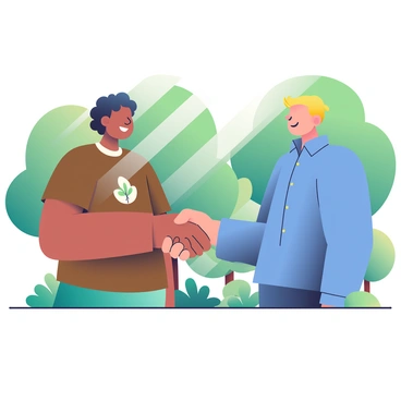Two environmentalists with diverse appearances are shaking hands in a friendly gesture. One has dark curly hair and is wearing a brown t-shirt with a leaf logo, while the other has short blonde hair, wearing a blue button-up shirt. They stand in front of a lush backdrop of green trees, with sunlight filtering through the leaves, casting patterned shadows on the ground. Both of them are smiling, conveying a sense of collaboration and mutual respect. In the background, various shades of green create a vibrant and rich forest atmosphere.
