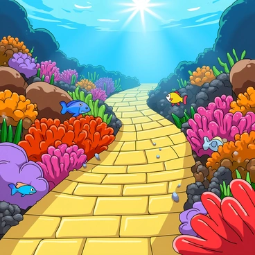 A vibrant underwater scene featuring a winding "yellow brick road" that cuts through a colorful coral reef. The road is made of shiny yellow bricks that reflect light, creating a luminous pathway. Surrounding the road are various types of coral, including bright red, orange, and purple corals, teeming with marine life. Fish of different shapes and sizes swim amongst the corals, showcasing a variety of colors such as blue, green, and yellow. Sunlight filters down from the surface, casting playful patterns on the sandy ocean floor below.