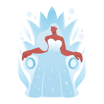 A regal snow queen is sitting on an icy throne that glistens like crystal. She is adorned in a flowing gown made of shimmering white fabric, with intricate patterns resembling frost. Her long, silvery hair cascades down her back, blending with the surrounding snow. The icy throne is embellished with sharp, angular designs, giving it a majestic appearance. Swirling snowflakes are gently falling around her, creating a delicate dance in the air. The scene is illuminated by a soft, cool light that enhances the serene atmosphere.