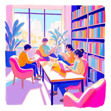 A spacious modern library features several adults engaged in reading books and using laptops. One adult with short dark hair is seated at a wooden table, focused on a laptop, while another person with curly hair is reading a thick book nearby. Sunlight streams through large windows, illuminating the rows of bookshelves filled with colorful book spines. A third individual is lounging in a comfortable chair, deeply absorbed in a novel. The atmosphere conveys a sense of concentration and learning, with various plants placed around the library for added warmth.