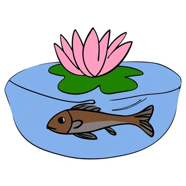 A catfish with a sleek, elongated body and whiskers is gliding smoothly beneath the surface of clear water. Its scales shimmer in shades of brown and gray. Above the catfish, a large, blooming water lily with delicate pink petals and vibrant green leaves floats gracefully on the water's surface. The sunlight filters through the lily's petals, casting soft patterns of light and shadow on the water below.