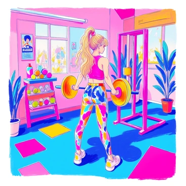 Barbie lifting weights in a colorful 80s gym setup