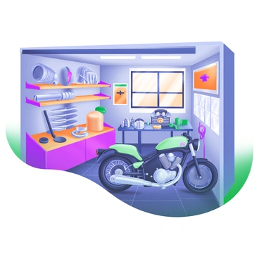 A small shop interior featuring shelves filled with shiny motorcycle parts. The shelves are neatly organized and showcase various components, including chrome exhaust pipes, gleaming fuel tanks, and intricate engine pieces. Each part reflects the warm light filtering through the windows, creating a vibrant atmosphere. The floor is tiled with dark-colored tiles, and a workbench is visible in the corner, cluttered with tools and a half-assembled motorcycle. The walls are adorned with posters of classic motorcycles, adding character to the space.