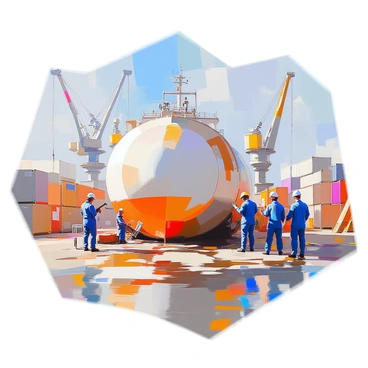 A group of crew members engaged in maintenance tasks on a large tank barge nestled in a shipyard. The barge is partially submerged in water, with its hull showing signs of wear and patches of rust. Several crew members, wearing blue coveralls and safety helmets, are using tools such as wrenches and spray guns to inspect and repair various parts of the barge. In the background, large cranes and stacks of shipping containers are visible, emphasizing the industrial setting. The sunlight casts shadows across the deck, highlighting the intricate details of the tank barge's structure.