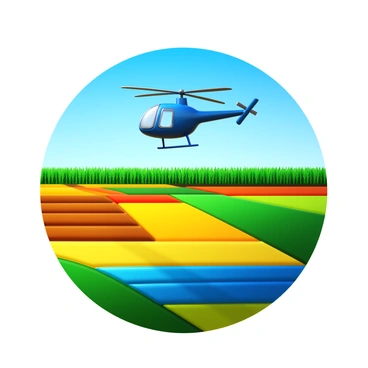An RC helicopter hovering in mid-air with its rotors spinning. Below, a vibrant patchwork of farm fields in various colors, including rich greens, bright yellows, deep browns, and soft blues. The fields are divided by neat rows and sections, showcasing crops like corn and wheat. The scene is illuminated by bright sunlight, creating sharp contrasts between the different colors of the fields. In the background, a clear blue sky adds depth to the composition.