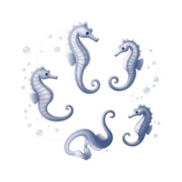 A group of seahorses swimming in the ocean currents. They are arranged in varying positions as they interact with one another. The seahorses display unique shapes and textures, with elongated bodies and curled tails. The water around them shows gentle ripples, highlighting the movement of the currents. Small bubbles rise around them, adding to the dynamic feel of the underwater scene.