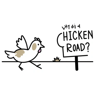 A white chicken with brown spots is nervously crossing a road. The chicken has its wings slightly raised, and its eyes are wide with concern. Next to the chicken, there is a sign that reads "Why did the chicken cross the road?" in bold black letters. The road is empty, and the background features a simple landscape with a few low bushes on either side.
