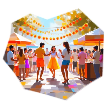 A lively festival scene featuring a diverse group of people celebrating joyfully. The attendees are dressed in colorful clothing, engaging in various festive activities. Surrounding them are vibrant decorations made of bright calendula flowers, strung along the pathways and hanging from trees. Some individuals are dancing, while others are chatting and enjoying food and drinks from nearby stalls. The atmosphere is filled with laughter and excitement as sunlight filters through the flowers, casting playful shadows on the ground.