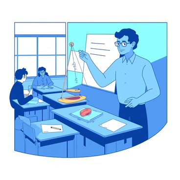 A blue physics teacher with glasses is standing next to a white chalkboard. He is holding a yellow pendulum, which is swinging back and forth. Attached to the pendulum is a small orange magnet. On the table beside him, there is a yellow magnet that is attracting the orange magnet as it swings close. The classroom has wooden desks and a large window in the background allowing natural light to illuminate the scene. The students in the classroom are watching attentively, with some taking notes on white paper.
