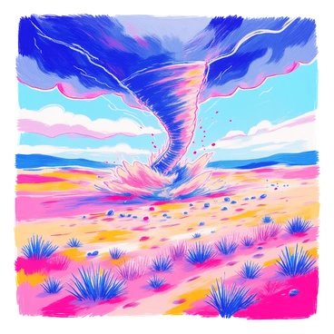 A tornado is visibly swirling across the vast plains, its dark funnel shaped like an inverted cone. The base of the tornado touches the ground, lifting dust and debris into the air. The swirling motion creates a dynamic scene, with dirt and small fragments being caught in the vortex. The sky above is filled with ominous gray clouds, hinting at the stormy weather. The landscape shows flat, open fields, with tufts of grass being tossed about by the strong winds.