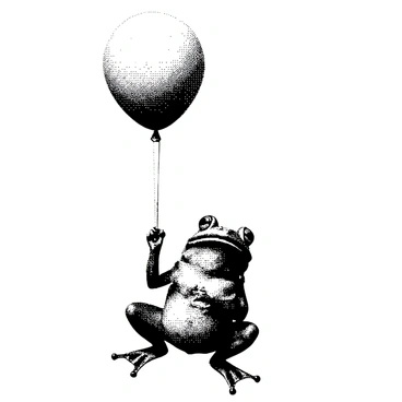 A frog with a smooth, rounded body is holding onto a balloon with its front legs. The balloon is slightly inflated and floating above the frog. The frog has a curious expression, with large eyes and a wide smile, as it gently rises into the air. There are subtle textures on the frog's skin, highlighting its features, and the background is minimal, emphasizing the frog and the balloon.