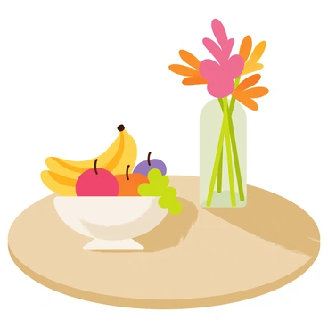 A digital still life setup featuring a round wooden table with a glossy surface. On the table, there is a “ceramic bowl filled with assorted fruits,” including “yellow bananas, red apples, and green grapes.” Next to the bowl, there is a “tall glass vase holding vibrant flowers,” with petals in shades of “pink, orange, and purple.” The lighting casts soft shadows across the table, highlighting the textures of the fruits and the smooth surface of the vase.