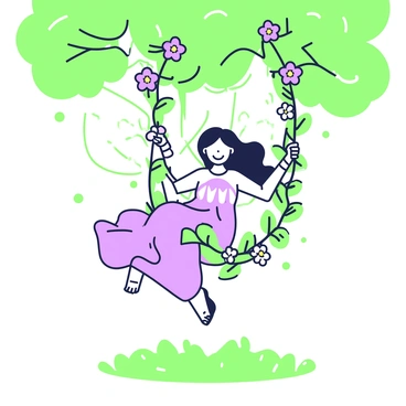 A fairy with delicate wings is swinging on a swing made of intertwining vines and colorful flowers. The swing is suspended from a sturdy branch of a large tree, with lush green leaves surrounding it. The fairy has flowing hair adorned with small flowers and is wearing a dress made of translucent petals. She is smiling joyfully, with her feet lifted off the ground as she swings back and forth. Sunlight filters through the leaves, creating dappled patterns on the ground below.