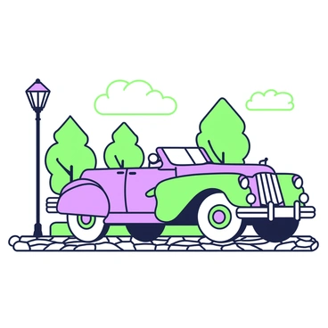 A classic car is parked on a cobblestone street. The car has smooth curves and prominent vintage features, including round headlights and chrome accents. The body of the car showcases intricate details, with a glossy finish reflecting the surrounding environment. There are trees lining the street in the background. The wheels of the car are elegantly designed, and the tires are slightly turned to give a dynamic feel. A streetlamp stands nearby, casting a shadow on the ground.