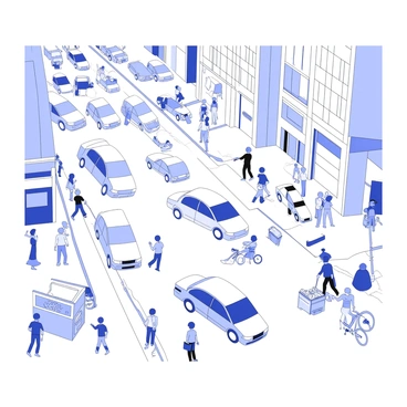 A downtown area is filled with activity. Numerous cars are lined up at a traffic light, their horns blaring in a chaotic symphony. On the crowded sidewalks, a diverse group of pedestrians moves quickly, some engaged in conversation while others are focused on their phones. There are street vendors with carts selling food, with a few customers gathered around. Tall buildings surround the scene, their windows reflecting the busy atmosphere. A bicycle messenger weaves through the traffic, adding to the sense of urgency.