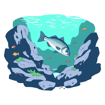 A teal striped bass is gracefully swimming through a vibrant underwater scene filled with various sizes of gray and brown rocks. The bass glides effortlessly, its scales shimmering in the light filtering down from above. Surrounding the fish, small colorful fish dart in and out of the rocky crevices, providing a lively atmosphere. Sunlight creates a dynamic play of shadows across the rough terrain. The water is clear, revealing patches of green algae clinging to the rocks, adding more texture to the underwater landscape.