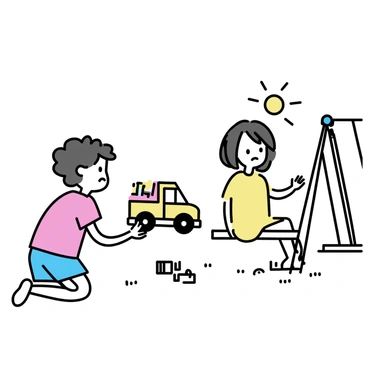 A child with curly brown hair, wearing a bright red t-shirt and blue shorts, is kneeling on the grass at a playground. The child is holding out a colorful toy truck towards another child. The second child, with straight black hair and wearing a yellow dress, has a frown on their face and is sitting on a swing, looking down. Nearby, there are swings, a slide, and a few scattered toys on the ground. The sky is clear and the sun is shining, creating a cheerful atmosphere despite the second child's sadness.