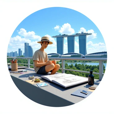 An illustrator seated on the edge of a rooftop, surrounded by art supplies and sketching materials. The scene captures the iconic Singapore skyline in the background, featuring the distinctive Marina Bay Sands hotel with its three interconnected towers and the SkyPark on top. The illustrator is dressed casually, with short sleeves and a sun hat, focused on capturing the dynamic architecture of the city. The sky above is bright blue with a few fluffy clouds scattered throughout. The illustrator's sketchbook is open, displaying an initial pencil drawing of the skyline.