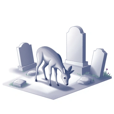 A small deer is grazing among gravestones in a cemetery. The deer has a slender body with delicate legs and soft features. The gravestones vary in shape and size, some upright and others slightly tilted, with inscriptions that are faintly visible. The surrounding area features patches of grass and occasional wildflowers peeking through the ground. The atmosphere is calm and still, with the deer appearing unbothered as it gently nibbles on the greenery. The gravestones cast elongated shadows, adding depth to the scene.