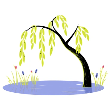 A weeping willow tree with long, drooping branches that elegantly dip into the calm marsh water below. The tree's bark is textured and rough, contrasting with the soft green leaves that sway gently in the breeze. Reflections of the branches and leaves can be seen on the water's surface, creating a beautiful interplay of light and shadow. The marsh water is surrounded by tall grasses and wildflowers in various colors, adding to the natural beauty of the scene.
