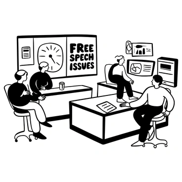 A newsroom scene filled with activity, showcasing multiple workstations with journalists engaged in discussions. There are two anchors standing in front of a large screen displaying the words "Free Speech Issues" in bold letters. Papers are scattered across the desks, and a microphone sits ready on one of the tables. A large clock on the wall indicates the countdown to broadcast time, while a producer gestures towards the anchors, conveying urgency. Various news articles and reports are visible on screens around the room, emphasizing the theme of free speech.