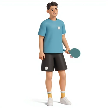 A person, wearing a bright blue sports shirt and black shorts, stands confidently with a table tennis racket in their right hand. They have a determined expression on their face, showcasing their readiness to play. Their left foot is slightly forward, indicating a prepared stance, while the background features a simple indoor table tennis setup with a blue table. The lighting emphasizes the person’s athletic build and the vibrant colors of their outfit.