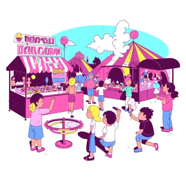 A school fair with games, food stalls, and children playing