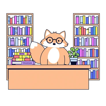 A fox wearing round glasses stands behind a wooden librarian's desk. The fox has a light brown fur coat with a white-tipped tail. Around the fox are tall bookshelves filled with books. The books feature colorful covers about "grapes" and "nature." Some books are stacked on the desk, while others are arranged neatly on the shelves. A small potted plant sits next to the fox on the desk. The atmosphere is cozy and warm, creating a welcoming space for readers.