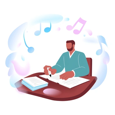 A composer is seated at a wooden desk, signing a music contract with a pen. The composer has a stack of sheet music beside him, and there are floating musical notes surrounding him in the air. The notes are varied in size and style, creating a dynamic atmosphere. A soft light is illuminating the scene, highlighting the details of the desk and the contract while the notes appear to shimmer in the gentle light.