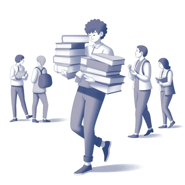 A person is walking with a large stack of books balanced in their arms. The individual appears slightly hunched over due to the weight of the books, which are of various sizes and colors. The titles on the spines are not legible, but they suggest a mix of academic and leisure reading. The person's expression reflects concentration and effort as they navigate their surroundings. There are other people in the background, engaged in different activities, illustrating a busy environment.