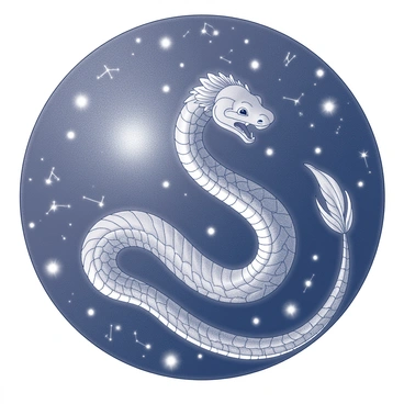 A large feathered serpent, representing "Quetzalcoatl," is coiled gracefully against a backdrop of a starry sky. Its scales are intricately detailed, and its feathers are depicted with fine lines. The sky is filled with numerous constellations, each glowing brightly, providing a sense of depth and wonder. The stars twinkle as they create recognizable patterns. The imagery captures the majesty of the serpent intertwined with the cosmic elements above.