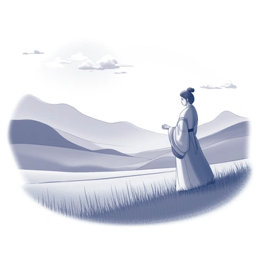 A Shugao figure is positioned in a tranquil valley. The figure is intricately detailed, showcasing its delicate features and traditional attire. Surrounding the figure is a vast landscape of rolling hills and gentle slopes. The morning sun casts soft shadows and highlights on the grass, providing a warm illumination to the scene. Wispy clouds float lazily in the sky above, completing the serene atmosphere of the valley.