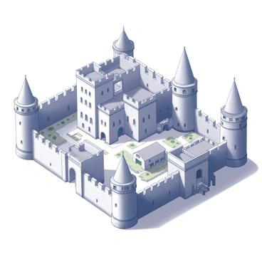 An intricate diagram depicting the layout of a medieval castle. The castle features a central keep surrounded by a fortified wall with several towers at each corner. There are multiple gates leading into the castle grounds, and a drawbridge spanning a moat. Inside the walls, various buildings are detailed, including the great hall, living quarters, and stables. The layout includes a courtyard with gardens and a chapel, all constructed with precise architectural measurements and annotations highlighting key features. Various pathways are shown connecting different areas of the castle.