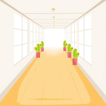 A long, straight corridor with a polished wooden floor extending into the distance. The walls are lined with white panels, and there are large, evenly spaced windows allowing bright light to flood in. At the far end of the corridor, the lighting fades into a soft glow, creating an illusion of infinity. Potted plants are placed at regular intervals along the sides, adding a touch of greenery to the space. The ceiling is high, adorned with simple, overhead lights that illuminate the entire length of the corridor.