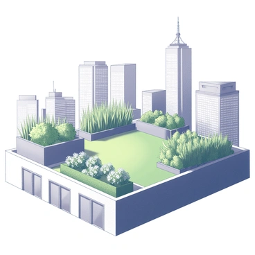 A rooftop garden situated atop a modern building in a bustling city. The garden features a variety of diverse plants, including tall grass, small flowering bushes, and leafy green shrubs, arranged in a harmonious layout. Various planters are scattered throughout the space, showcasing the lush greenery. The skyline is visible in the background, dominated by several towering skyscrapers, their windows reflecting the sunlight. The scene captures a balance between urban life and nature, illustrating the coexistence of buildings and greenery.