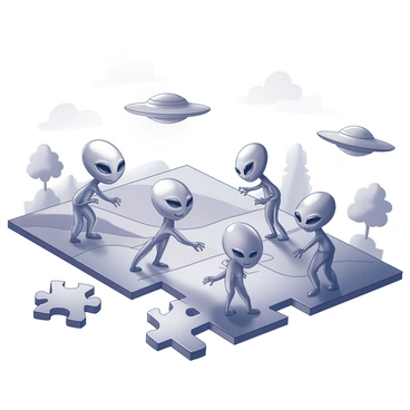 A jigsaw puzzle featuring a lively alien invasion scene. The foreground shows several friendly aliens with large, expressive eyes and different shapes, interacting with one another. Various UFOs are seen hovering above, each with unique designs and features. The background includes a landscape with rolling hills and scattered trees, where the aliens seem to playfully engage with the environment. The puzzle pieces are scattered across the surface, revealing sections of this vibrant and dynamic extraterrestrial tableau.