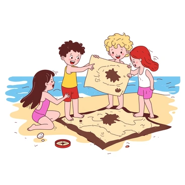 A group of four children are gathered on a sandy beach, excitedly looking at a weathered treasure map. The children consist of two boys and two girls, each wearing brightly colored swimsuits. One boy, with brown hair, is holding the map with both hands, showing it to the others. The second boy, with curly blonde hair, is pointing at a specific spot on the map with a look of curiosity. The first girl, with long black hair, is kneeling in the sand, examining a compass that she has found nearby. The second girl, with short red hair, is jumping up and down with enthusiasm. In the background, gentle waves are lapping at the shore, and a few seashells can be seen scattered in the sand.