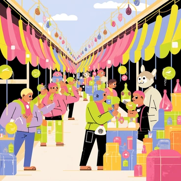 A bustling goblin market with stalls full of bizarre, colorful items and curious creatures