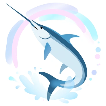 A sailfish is leaping out of the water, its elongated body arched gracefully above the surface. The fish has a vibrant blue and silver sheen, with its elongated dorsal fin extended prominently. The water is splashing around the sailfish as it breaks the surface, creating droplets that sparkle in the light. In the background, a large rainbow arcs across the sky, blending into soft pastel hues. The scene captures the dynamic energy of the sailfish in motion against a serene backdrop.