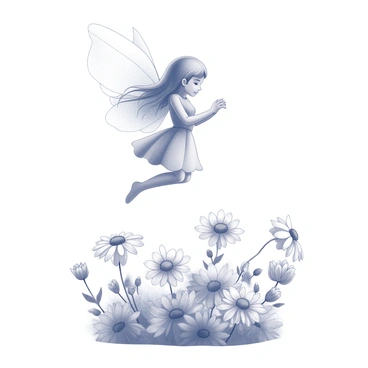 A fairy with delicate, petal-shaped wings is gracefully hovering above a flower garden. The fairy has flowing hair that cascades down her back, and she is adorned with a dress made of soft leaves and flower petals. The garden below is filled with various flowers, each with intricate details in their petals and leaves. The fairy's small, slender frame is positioned as if she is enjoying the scents and sights of the abundant blossoms around her.