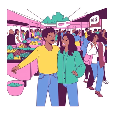 In a vibrant market filled with a diverse crowd, two friends are unexpectedly meeting each other in the bustling scene. One friend, wearing a bright yellow shirt, has a look of surprise and joy on their face as they spot the other, who is dressed in a teal jacket. The surrounding stalls are filled with colorful fruits and vegetables, and shoppers are engrossed in conversation, adding to the lively atmosphere. The friends are standing close, arms open as if about to embrace, their expressions full of excitement and nostalgia as they reignite their friendship amidst the commotion.