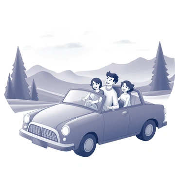 A family of four is seated inside a car with distinct features that include a rounded roof and large windows. The car is in motion, with the driver focused ahead. The passengers, consisting of a mother, father, and two children, exhibit expressions of excitement and joy. Outside the car, a variety of scenic landscapes can be seen, such as rolling hills, towering trees, and a winding road that leads into the distance. The sky above is vast, with a few clouds scattered about. The scene captures the essence of a joyful adventure and togetherness during their trip.