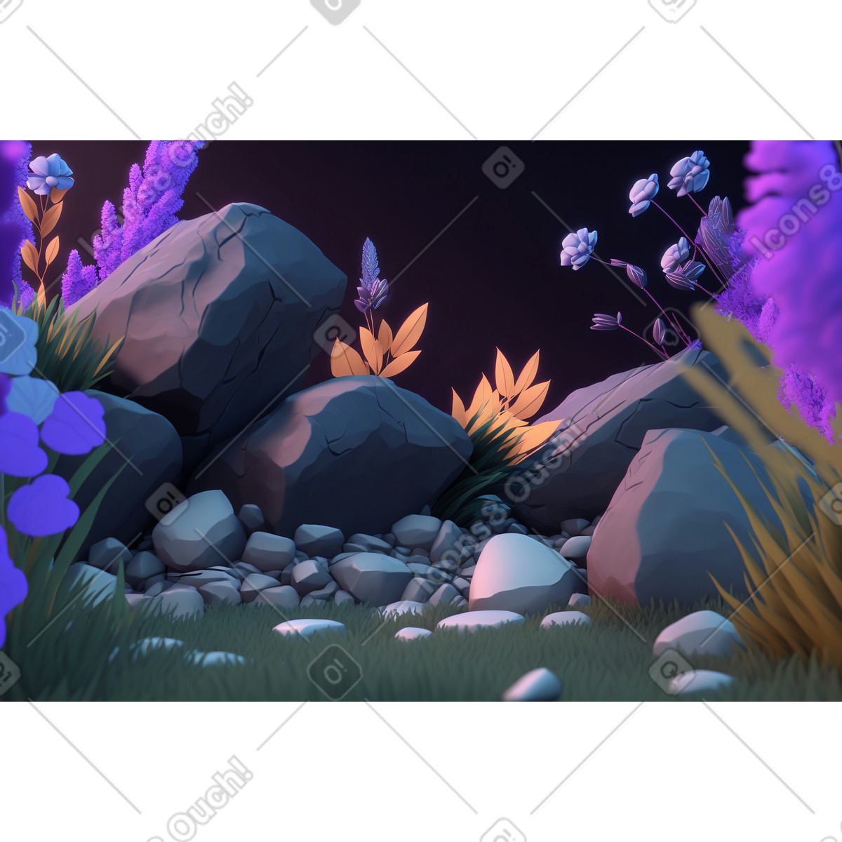 Illustration Composition de nuit avec fond plantes et rochers dans le style Experimental à télécharger aux formats PNG, SVG