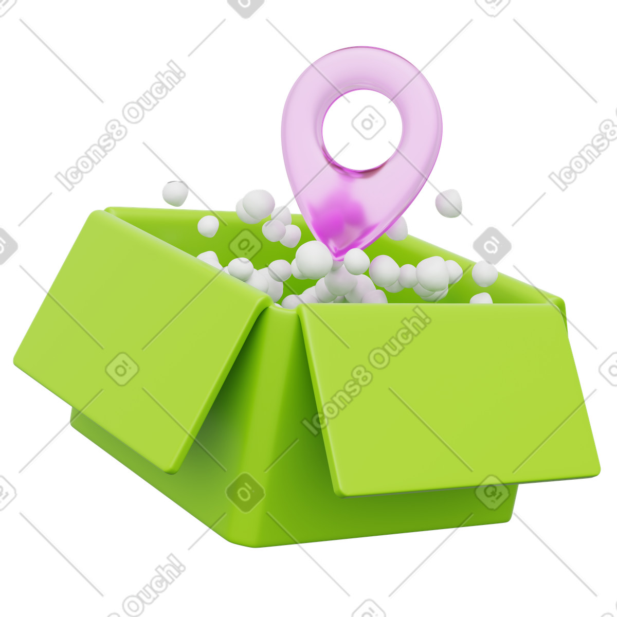 下载 3D Playful 风格的 Package delivery location pin inside open parcel with packing peanuts 插画，支持 PNG、SVG 格式