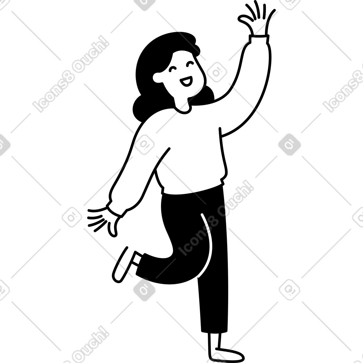 Ilustración Smiling character waving cheerfully while standing on one foot en estilo Notion Line Art a descargar en PNG y SVG