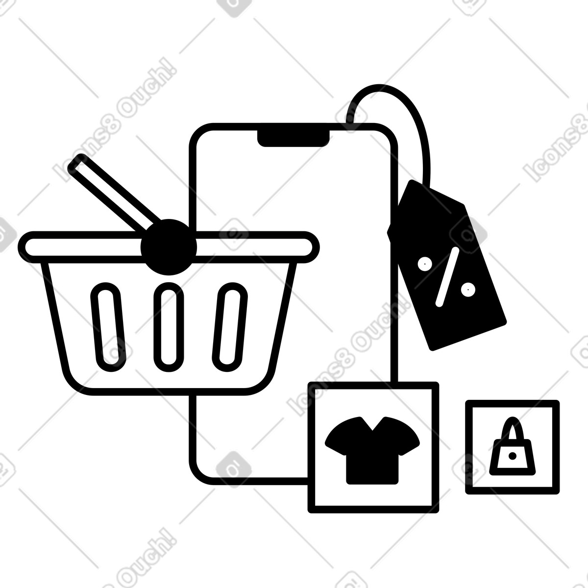 Shopping basket smartphone and discount percent symbol for online purchases illustrazione in stile Notion Line Art scarica in PNG, SVG